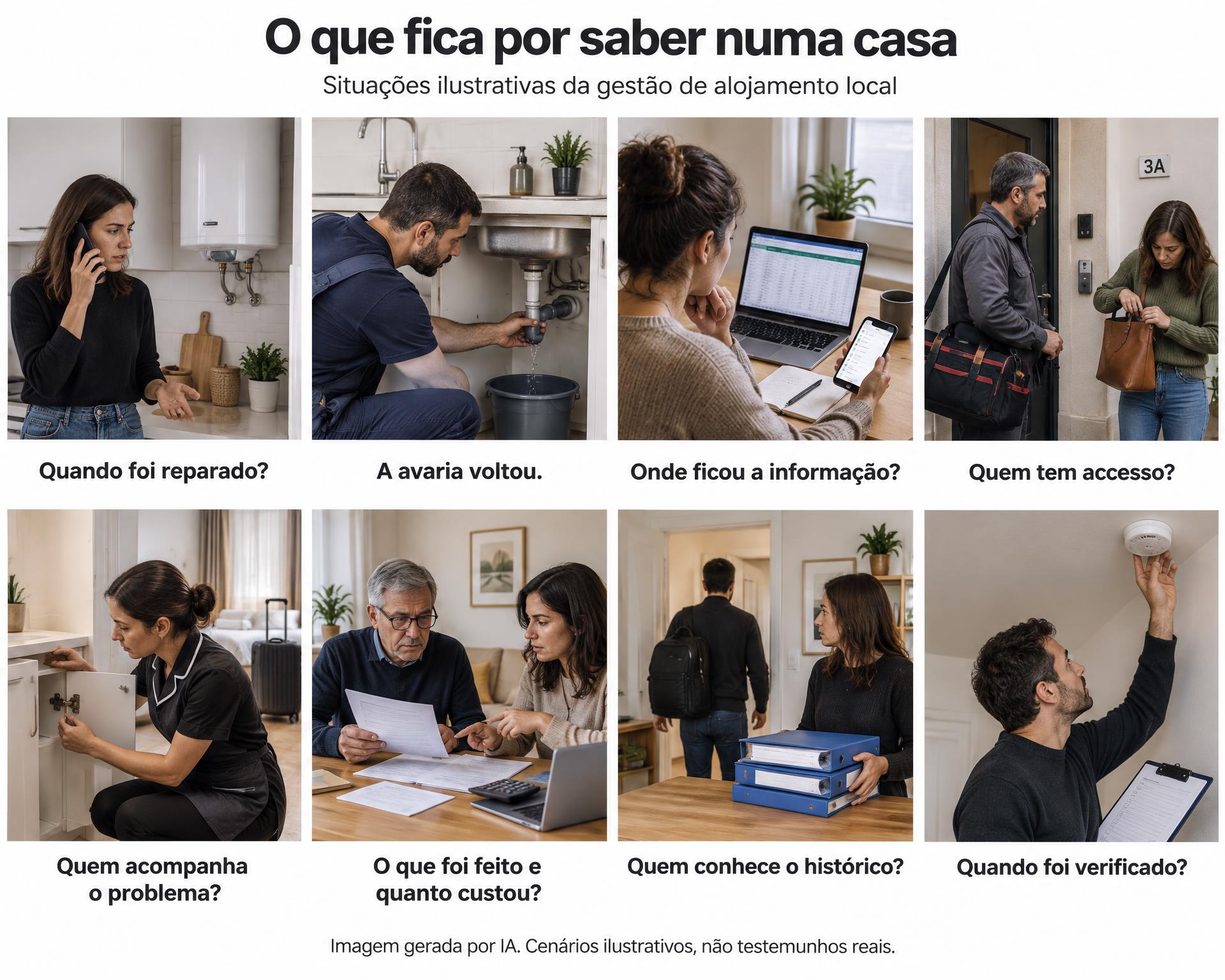 Eight illustrative property-management scenarios involving maintenance, information, access, follow-up, costs, history and checks. AI-generated image, not real testimonials; captions are in Portuguese.