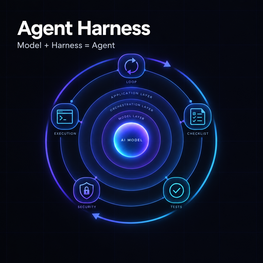 Cover of the agent harness article: an AI model at the centre, surrounded by layers of tools, context and an execution loop.