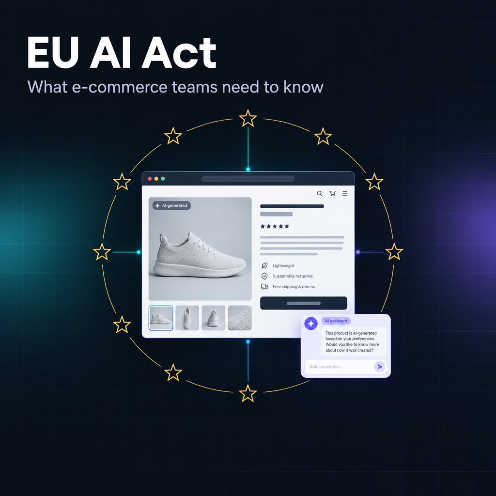 Cover of the EU AI Act article for e-commerce teams: an online store with AI-generated content labels.