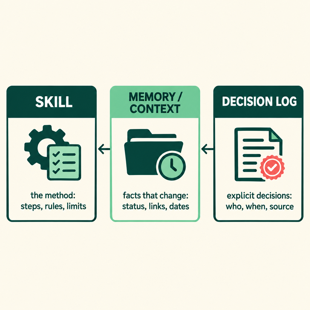 Skill vs memory/context vs decision log